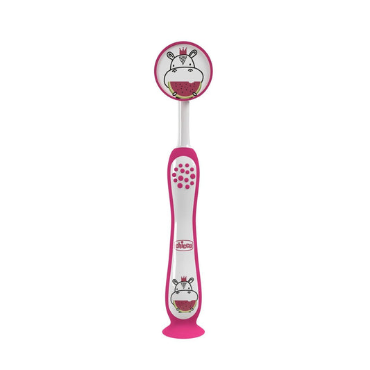 CHICCO | Spazzolino per i denti da latte. Adatto a bambini dai 3 ai 6 anni | Fucsia,Colorazione Femminile, Tema ippopotamo