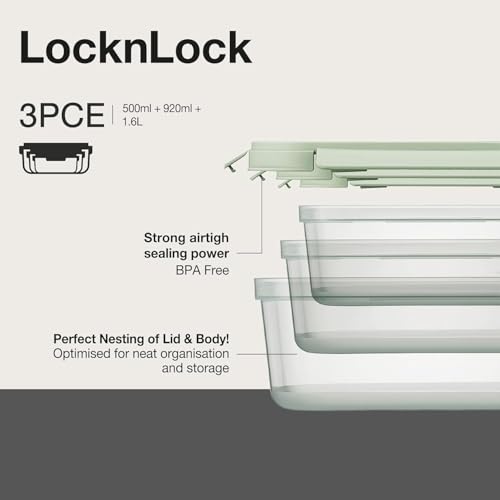 LocknLock NestnLock - Set di 3 contenitori per alimenti, 500 ml, 920 ml, 1,6 Litri, colore: verde salvia