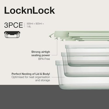 LocknLock NestnLock - Set di 3 contenitori per alimenti, 500 ml, 920 ml, 1,6 Litri, colore: verde salvia