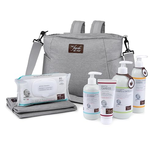Fiocchi di Riso - COFANETTO BORSA FASCIATOIO - Kit cura della pelle dei neonati: Salviette Acqua NON Acqua, Pasta Cambio, Crema Fluida Corpo, Detergente Intimo Mioderm, Detergente Corpo, Capelli Talco