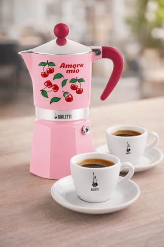 Bialetti Caffettiera Moka Rainbow Amore Mio 3 Tazze, Rossa con Ciliegie, Alluminio, 130 ml, Preparazione Caffè Espresso Manuale
