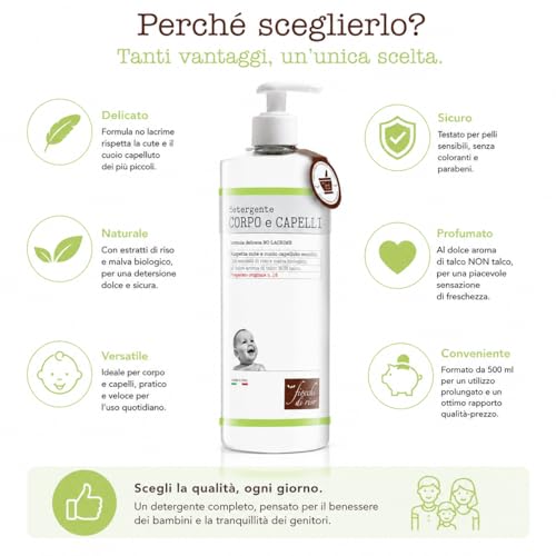 Fiocchi di Riso Detergente Corpo e Capelli Talco, 750ml, Formula Delicata, per Neonati, Rispetta Cute e Cuoio Capelluto Sensibili