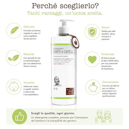 Fiocchi di Riso Detergente Corpo e Capelli Talco, 750ml, Formula Delicata, per Neonati, Rispetta Cute e Cuoio Capelluto Sensibili