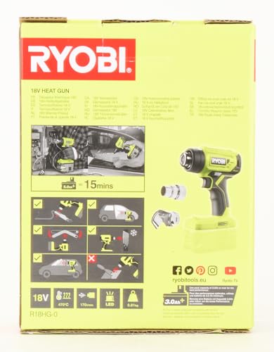 Ryobi 5133004423 - Soffiatore ad aria calda (18 V, grado di calore fino a 470°, illuminazione a LED, con due ugelli, senza batteria) R18HG