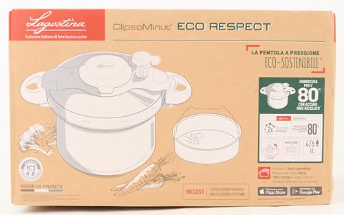 Lagostina Clipso Eco Respect 6L, Pentola a Pressione 2 in 1 con 80% di Acciaio Riciclato, Fondo a 3 Strati, Valvola di Esercizio, Coperchio Sicuro e App per Android e IOS