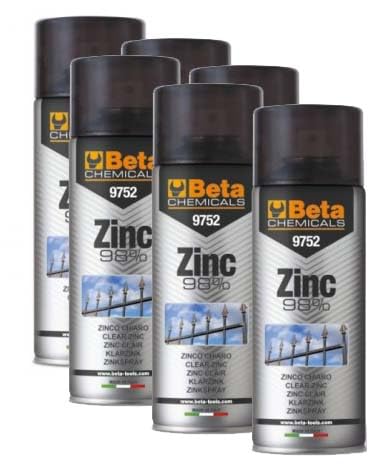 BETA 9752 Chemicals 6 Bombolette Vernice Spray Zinco Chiaro, 400ml | Elevato Potere Coprente, Zicatura per Ferro Zinc 98%