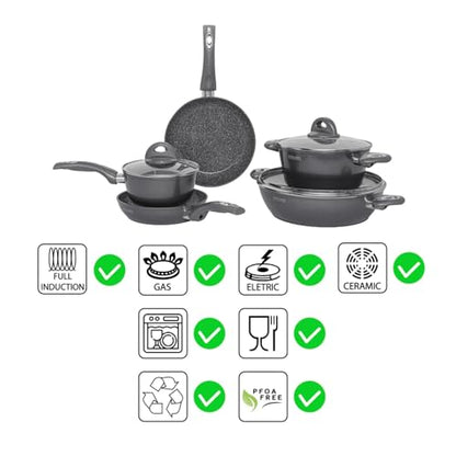 Aeternum, Petragres Ecosolution, Batteria 8 pezzi, 2 Padelle 20-24 cm, 2 Casseruole 16-20 cm, 1 Tegame 28 cm, 3 Coperchi 16-20-28 cm, Full Induction, Adatto all'Induzione, Riv. PFAS FREE, Grigio scuro