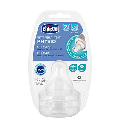 Chicco Tettarella Physio, Tettarella Flusso Medio, per i Primi Mesi dei Bambini, in Silicone Soft Sense, Compatibile con Biberon Perfect 5, Benessere e Original Touch, Trasparente, 2+ Mesi, 2 Pezzi