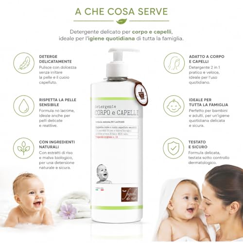 Fiocchi di Riso Detergente Corpo e Capelli Talco, 750ml, Formula Delicata, per Neonati, Rispetta Cute e Cuoio Capelluto Sensibili