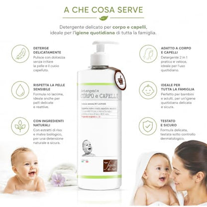Fiocchi di Riso Detergente Corpo e Capelli Talco, 750ml, Formula Delicata, per Neonati, Rispetta Cute e Cuoio Capelluto Sensibili