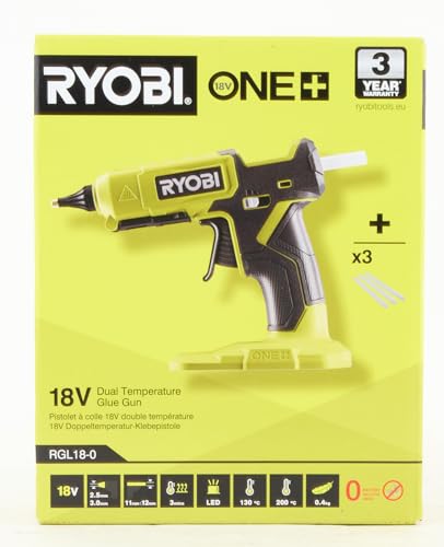 Ryobi RGL18-0, 18V hot glue gun with dual temperature, 200°C and 130°C, 18V ONE+ battery not included, for 11 and 12mm cartridges, heats up in 3 minutes