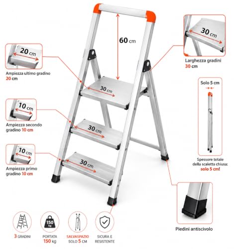 GIERRE BSA301 Scala Sgabello Mini Slimstep Light in Alluminio, 3 Gradini, Spessore 5 cm, Piedini Antiscivolo, Super Leggero: 3 kg