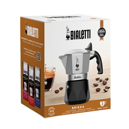 Bialetti Caffettiera New Brikka 2023, 2 Tazze, Espresso Cremoso come al Bar, Non Adatta a Piano Induzione, Manico antiscottatura, Design Elegante, Alluminio