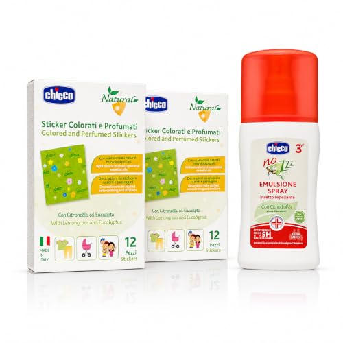 Chicco Kit Antizanzare Sticker Citronella 24pz + Spray No Zzz 100ml | Protezione fino a 5 Ore, Senza DEET, Bambini dai 3 Anni, Citriodiol® Vegetale, Per Tutta la Famiglia