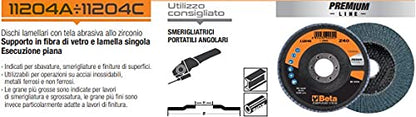 Beta 11204A - Dischi abrasivi lamellari per smerigliatrici con tela abrasiva allo zirconio, 10 unità, diametro 115 mm, spessore 40 mm e foro da 22, 23 mm