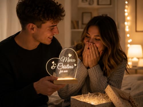 Lampada LED Personalizzata Forma Cuore con Nome in Plexiglass Trasparente, 25 cm, Base in Legno, Cavo Alimentazione USB, Incisione Testo