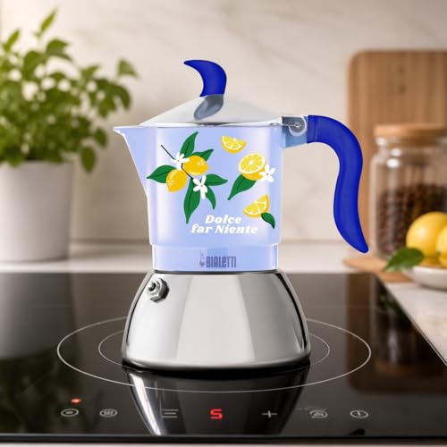 Bialetti Caffettiera Moka Fiammetta Induction Dolce Far Niente 2 Tazze, Blu con Limoni, Alluminio, 100 ml, Adatta ai Piani ad Induzione