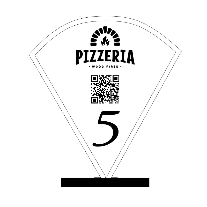 Segnatavolo in Legno a Forma di Pizza, Personalizzabile con Logo, Numero e QR Code, 13x12 cm, Spessore 6mm, Segna Tavolo Numerato Pizzeria