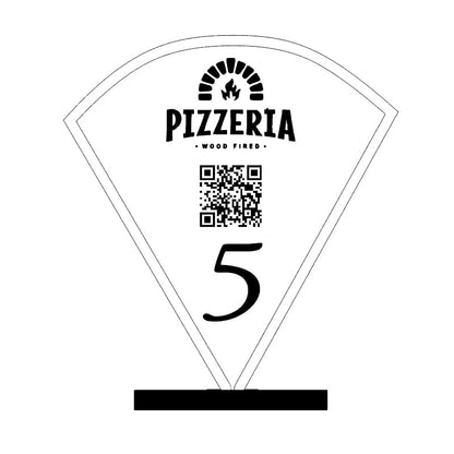 Segnatavolo in Legno a Forma di Pizza, Personalizzabile con Logo, Numero e QR Code, 13x12 cm, Spessore 6mm, Segna Tavolo Numerato Pizzeria