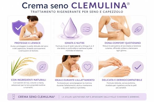 Fiocchi di Riso CLEMULINA Crema Seno, 15ml, con Omega 3, 6, 9, Lenisce e Elasticizza, Previene Irritazioni, per Allattamento