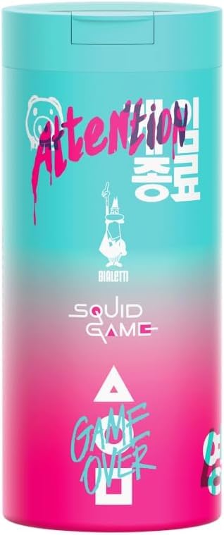 Bialetti Kit Squid Game© Moka 3 Tazze, Travel Mug, Bottiglia Termica | Edizione Limitata, Acciaio Inox Doppia Parete, Design Sfumato Turchese/Rosa, 4 Pezzi Inclusi, Capacità fino a 600ml