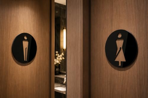 Cartello WC Pittogramma Uomo Donna Cerchio Design Moderno, Forma Circolare, Uomo e Donna, Stile Moderno, Segnaletica Bagno, Finitura Lucida, Autoadesivi