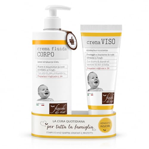 Fiocchi di Riso Crema Fluida Corpo, Latte Idratante 24h, con Olio di Riso e Mandorle, per Pelle Sensibile di Neonati e Bambini, 140 ml