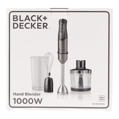 BLACK+DECKER BXHBA1000E - Frullatore a immersione, 1000W, 20 velocità + turbo, lame in acciaio inossidabile, asta rimovibile, tritaghiaccio, ergonomico, acciaio inossidabile, set completo di accessori