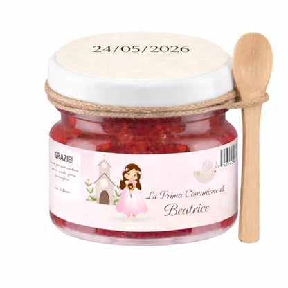 10 Barattolini di Marmellata Personalizzata con Cucchianino di Legno, Gusti Assortiti | Idea Regalo Bomboniera Comunione Matrimonio Segnaposto Gadget Finefesta , mini Marmellate personalizzabili