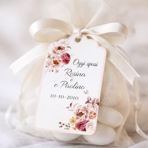 50 Etichette Cartoncino per Bomboniera, 50 Pezzi Tag Talloncino con Stampa Personalizzata, Bigliettini Cartellini Forma Personalizzabile