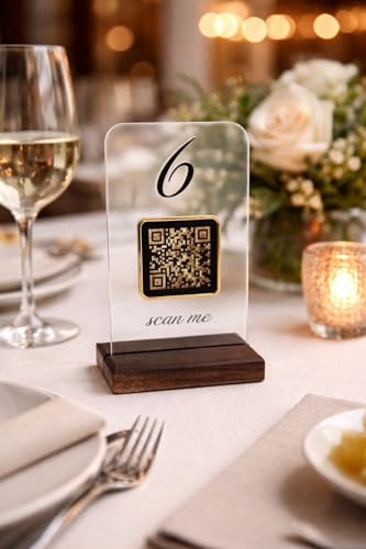 Segnatavolo con QR Code per Ristorante e Pizzeria – Plexiglass Trasparente con Numero Tavolo Nero, Base in Legno di Faggio – Espositore Elegante da Tavolo con Codice QR o Logo Personalizzato