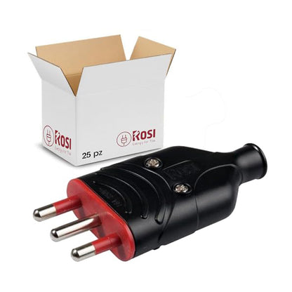 RS78007 ROSI Spina Mobile Antischiacciamento Elaplug 10/16A | Confezione da 25 Spine Nere 250V con 2 poli + Terra
