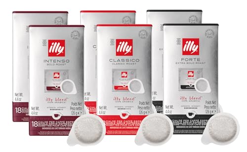 ILLY Selezione di 108 Cialde di caffè | Degustazione di 6 Confezioni da 18 Cialde caffe ESE Monodose, Tostatura Intenso, Forte