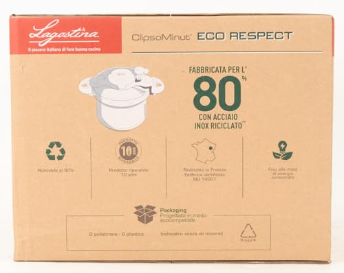 Lagostina Clipso Eco Respect 6L, Pentola a Pressione 2 in 1 con 80% di Acciaio Riciclato, Fondo a 3 Strati, Valvola di Esercizio, Coperchio Sicuro e App per Android e IOS
