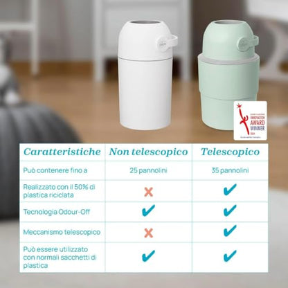 Chicco Mangiapannolini Telescopico Controlla Odori Compatto, Smaltimento Pannolini, Cestino Contenitore Pieghevole e Salvaspazio, Verde + 45 Sacchetti Odour off