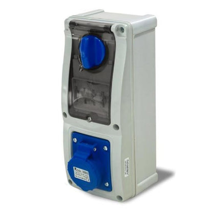 Presa interbloccata verticale con sezionatore interruttore, con fondo, con interruttore magnetotermico, 220V 230V, 3 poli 2P+T, 32A, IP54 - Rosi 16.3234B6MT