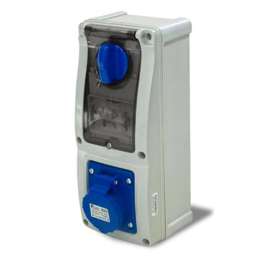 Presa interbloccata verticale con sezionatore interruttore, con fondo, con interruttore magnetotermico, 220V 230V, 3 poli 2P+T, 32A, IP54 - Rosi 16.3234B6MT
