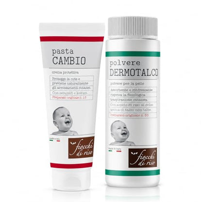 Set Fiocchi di Riso Pasta Cambio Crema Protettiva e Polvere Dermotalco, con Ceramidi e Kokum, per Bebè, 2 Unità