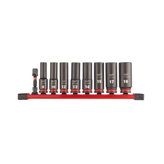 Milwaukee SHOCKWAVE - Set di bussole lunghe 3/8", 9 pezzi su guida