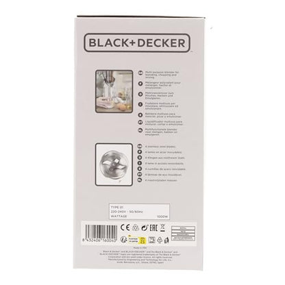 BLACK+DECKER BXHBA1000E - Frullatore a immersione, 1000W, 20 velocità + turbo, lame in acciaio inossidabile, asta rimovibile, tritaghiaccio, ergonomico, acciaio inossidabile, set completo di accessori