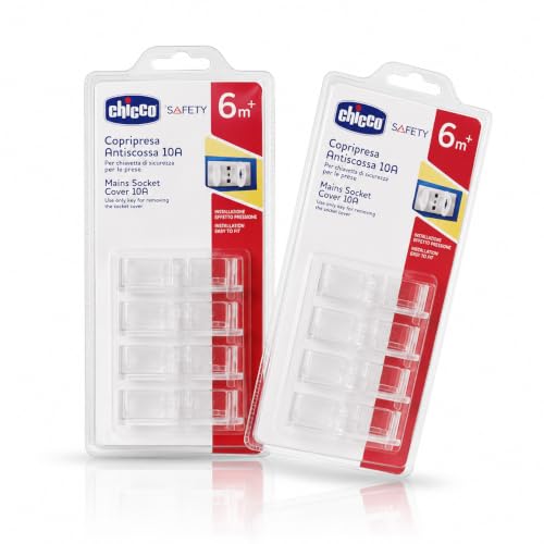 Chicco 2 Confezioni Safety Copripresa Antiscossa 10/16A con Chiavetta, 20 Copriprese Totali, Rimozione con Chiavetta, Prese da 10A, dai 6 Mesi in su, Installazione Facile