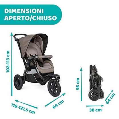 Chicco Trio Activ3 Passeggino Trio 3In1 Sistema Modulare Con Car Kit, Passeggino 3 Ruote, Navicella Neonato E Seggiolino Auto Gruppo 0+, Con Chiusura Pieghevole, Beige, ‎113 x 121.5 x 64 cm, 23.2 Kg