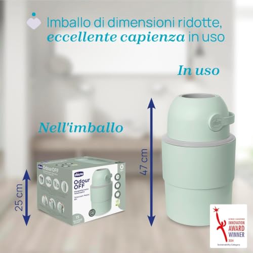 Chicco Mangiapannolini Telescopico Controlla Odori Compatto, Smaltimento Pannolini, Cestino Contenitore Pieghevole e Salvaspazio, Verde + 45 Sacchetti Odour off