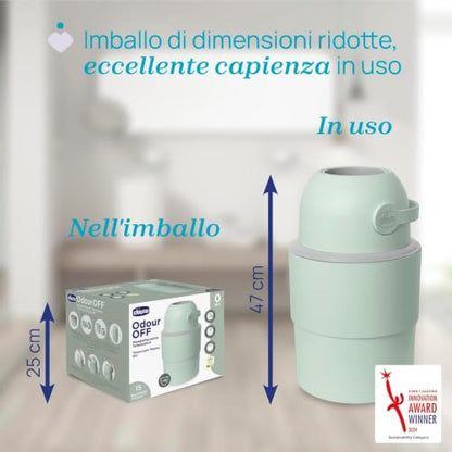 Chicco Mangiapannolini Telescopico Controlla Odori Compatto, Smaltimento Pannolini, Cestino Contenitore Pieghevole e Salvaspazio, Verde + 45 Sacchetti Odour off