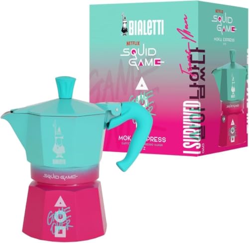 Bialetti Kit Squid Game© Moka 3 Tazze, Travel Mug, Bottiglia Termica | Edizione Limitata, Acciaio Inox Doppia Parete, Design Sfumato Turchese/Rosa, 4 Pezzi Inclusi, Capacità fino a 600ml