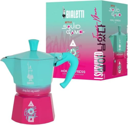 Bialetti Kit Squid Game© Moka 3 Tazze, Travel Mug, Bottiglia Termica | Edizione Limitata, Acciaio Inox Doppia Parete, Design Sfumato Turchese/Rosa, 4 Pezzi Inclusi, Capacità fino a 600ml