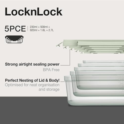 LocknLock | Set di 5 contenitori impilabili per alimenti, 230 ml, 500 ml, 920 ml, 1,6 l, 2,7 l, colore: verde salvia