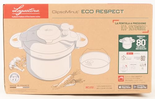 Lagostina Clipso Eco Respect 6L, Pentola a Pressione 2 in 1 con 80% di Acciaio Riciclato, Fondo a 3 Strati, Valvola di Esercizio, Coperchio Sicuro e App per Android e IOS