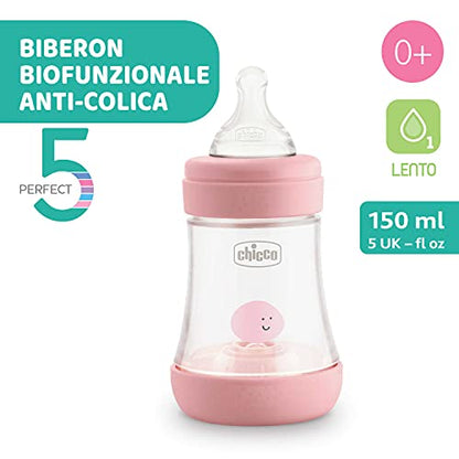 Chicco PERFECT 5 Biberon Anticolica 150 ml, Biberon Flusso Lento 0 Mesi + con Tettarella in Morbido Silicone, Biberon Biofunzionale con Intui-flow System da 150 ml, Rosa