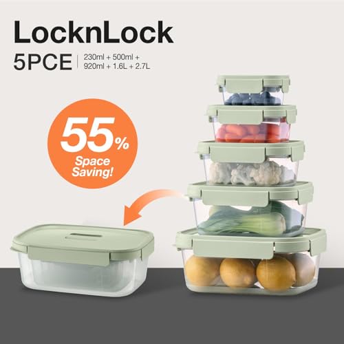 LocknLock | Set di 5 contenitori impilabili per alimenti, 230 ml, 500 ml, 920 ml, 1,6 l, 2,7 l, colore: verde salvia